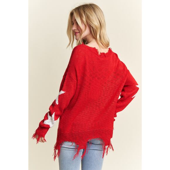 ADORA Distressed Detail Star Pattern Wide V-Neck Lightweight Sweater | Yellow - Picture 4 of 5